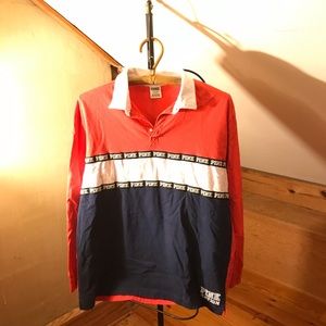 Pink Red White Blue Long Sleeve Rugby Polo, EUC, L